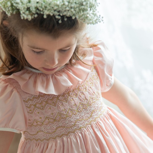 Margaret Special Occasion Dress Seashell Cotton Sateen with Gold & Pearl Hand Smocking Margaret Special Occasion Dress Seashell Cotton Sateen with Gold & Pearl Hand Smocking