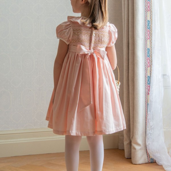 Margaret Special Occasion Dress Seashell Cotton Sateen with Gold & Pearl Hand Smocking Margaret Special Occasion Dress Seashell Cotton Sateen with Gold & Pearl Hand Smocking