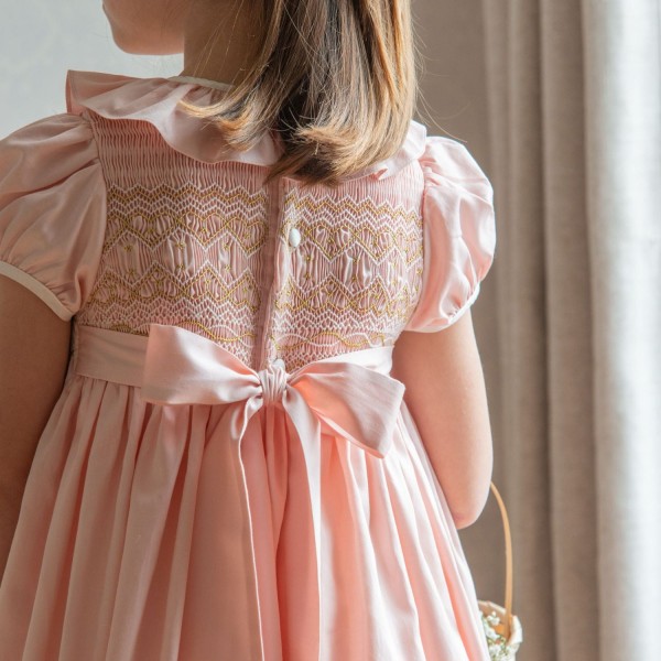 Margaret Special Occasion Dress Seashell Cotton Sateen with Gold & Pearl Hand Smocking Margaret Special Occasion Dress Seashell Cotton Sateen with Gold & Pearl Hand Smocking