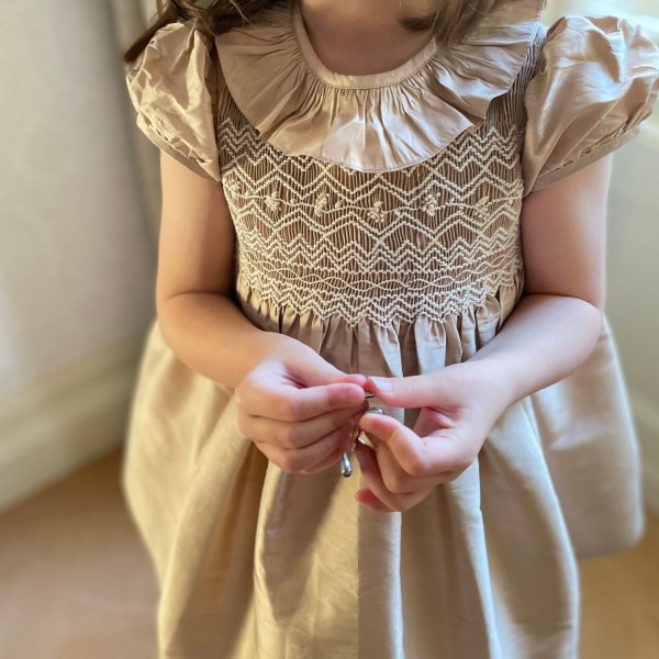 Diana Special Occasion Dress Champagne Silk with Gypsophila Hand Smocking Diana Special Occasion Dress Champagne Silk with Gypsophila Hand Smocking