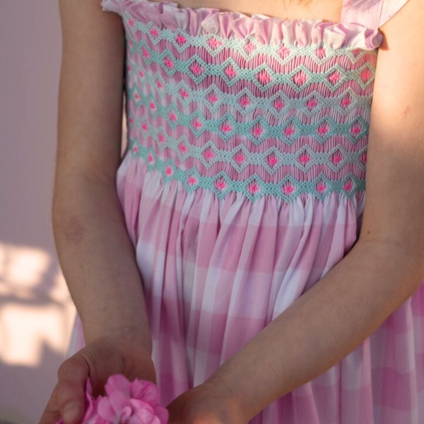 Rachel Carson Girls Dress Candy Floss Gingham with Spearmint Hand Smocking