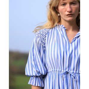 Aloha Wanderwell Dress Ocean Stripe with White Honeycomb Hand Smocking Aloha Wanderwell Dress Ocean Stripe with White Honeycomb Hand Smocking