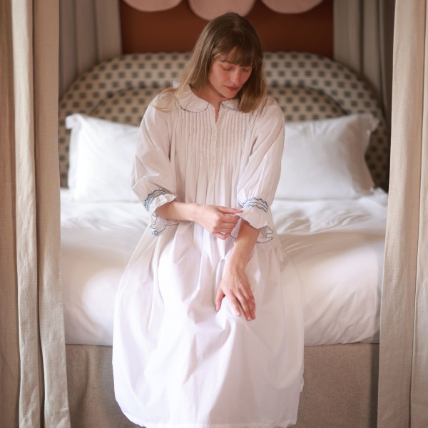 Bessie Coleman Women's Dress Moonstone Cotton with Sapphire Hand Smocking Bessie Coleman Women's Dress Moonstone Cotton with Sapphire Hand Smocking