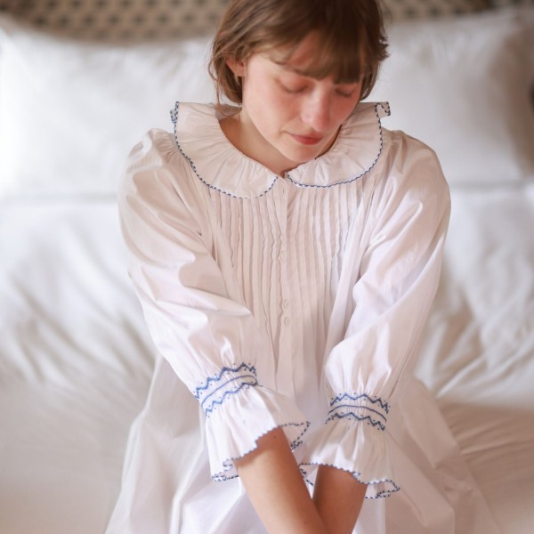 Bessie Coleman Women's Dress Moonstone Cotton with Sapphire Hand Smocking Bessie Coleman Women's Dress Moonstone Cotton with Sapphire Hand Smocking