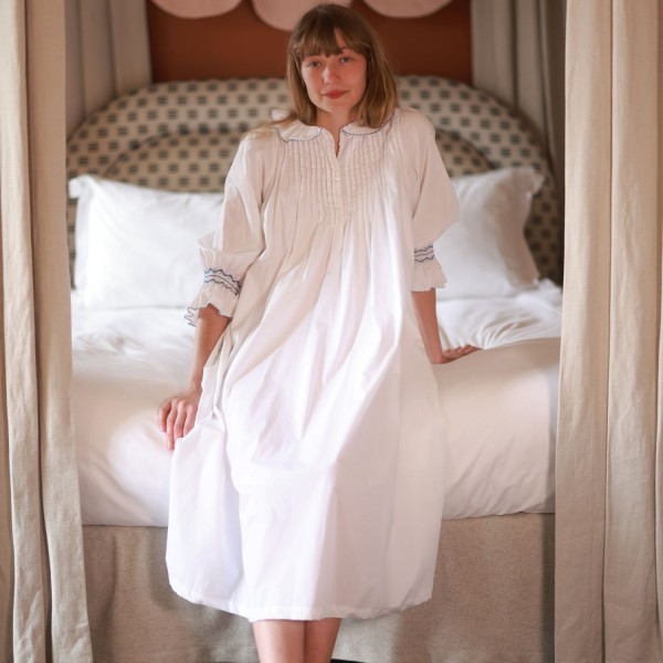 Bessie Coleman Women's Dress Moonstone Cotton with Sapphire Hand Smocking Bessie Coleman Women's Dress Moonstone Cotton with Sapphire Hand Smocking
