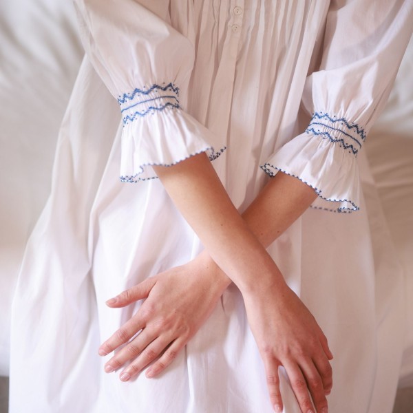Bessie Coleman Women's Dress Moonstone Cotton with Sapphire Hand Smocking Bessie Coleman Women's Dress Moonstone Cotton with Sapphire Hand Smocking
