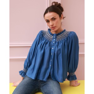 Cleopatra Blouse Cobalt Silk Cotton Sapphire with Vanilla Hand Smocking Edition 33