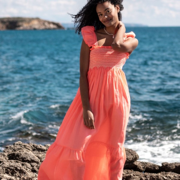 Wallis Simpson Dress Coral Dreams Organdie with Chantilly Hand Smocking