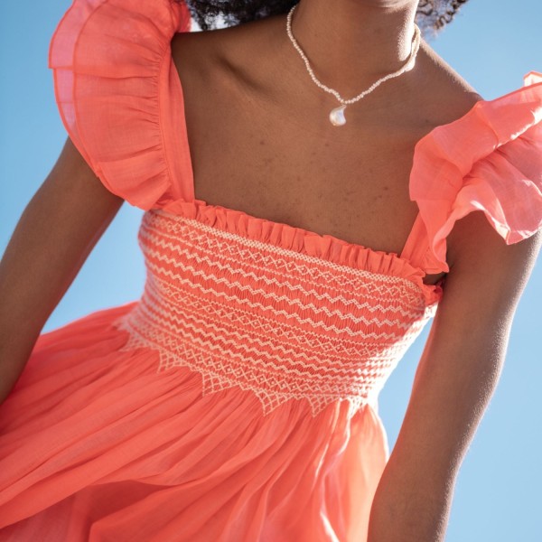 Wallis Simpson Dress Coral Dreams Organdie with Chantilly Hand Smocking