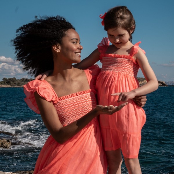 Wallis Simpson Dress Coral Dreams Organdie with Chantilly Hand Smocking